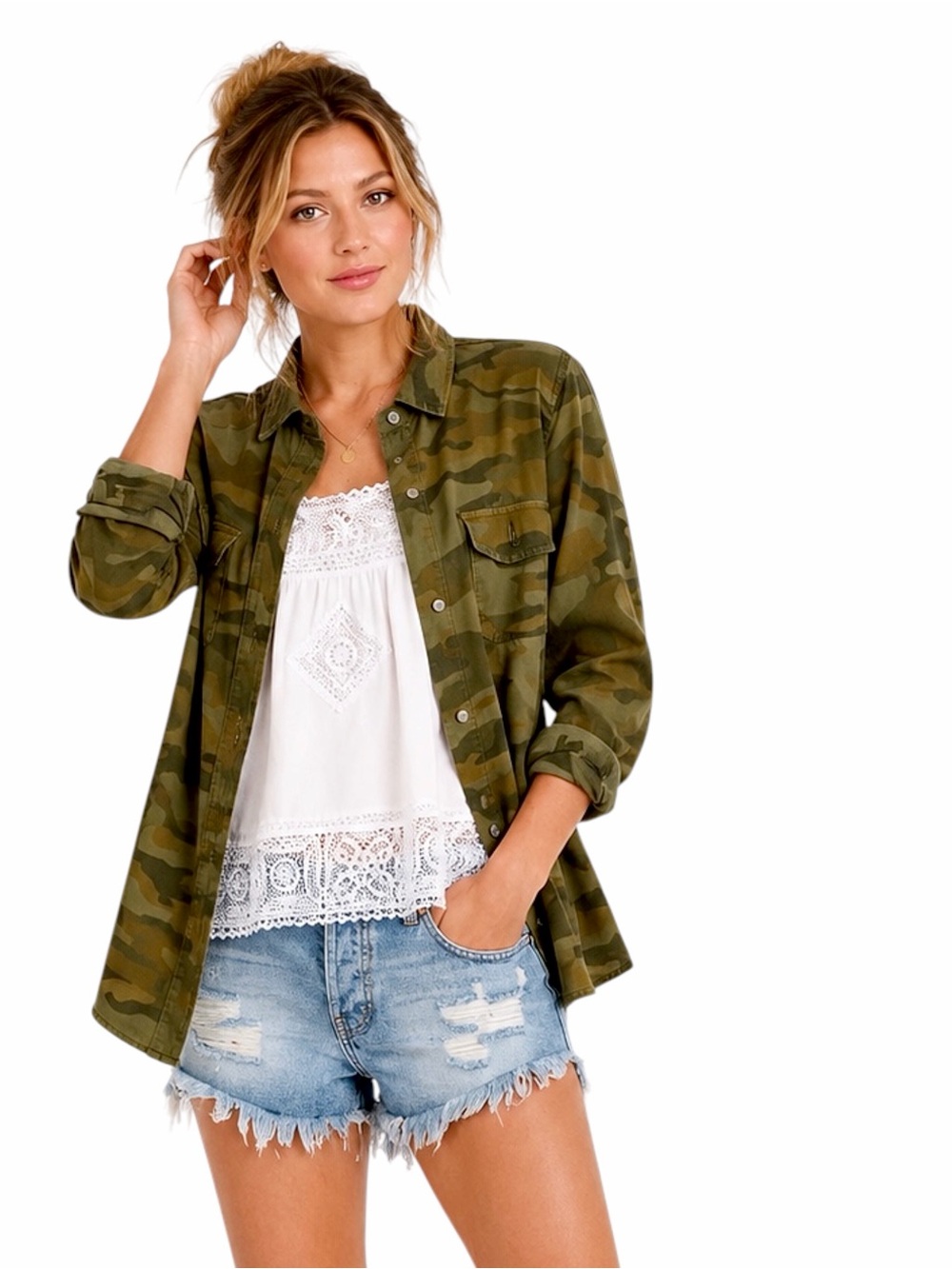 Splendid – Camo Utility Shirt Jacket Button Up Shacket – Military Olive – Sz. L